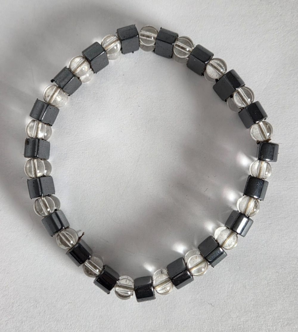 Magnetic Hematite Clear Beaded Stretch Bracelet Black Gray #EAB6